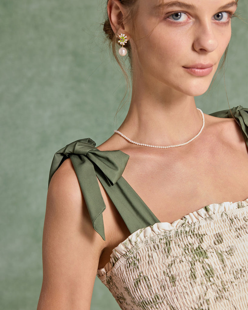 Green Floral Tie Strap Midi Dress