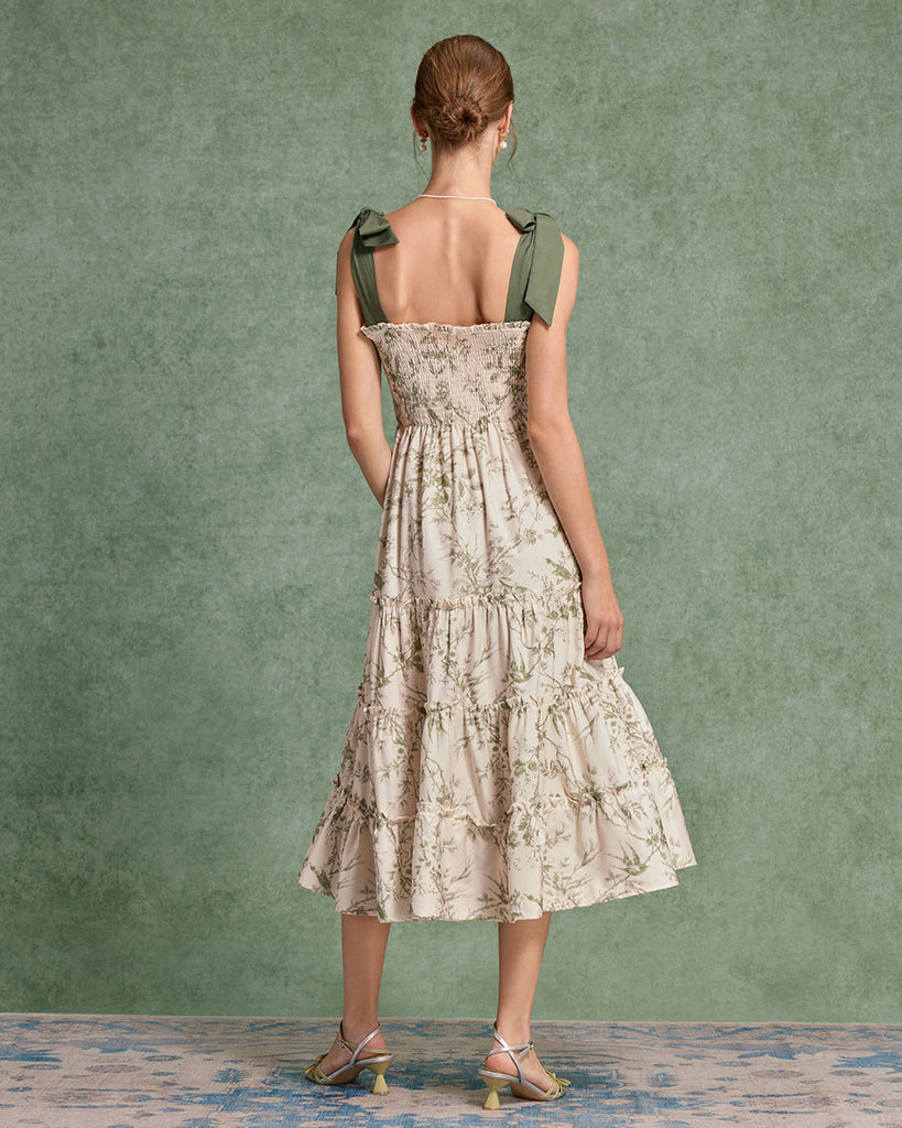 Green Floral Tie Strap Midi Dress