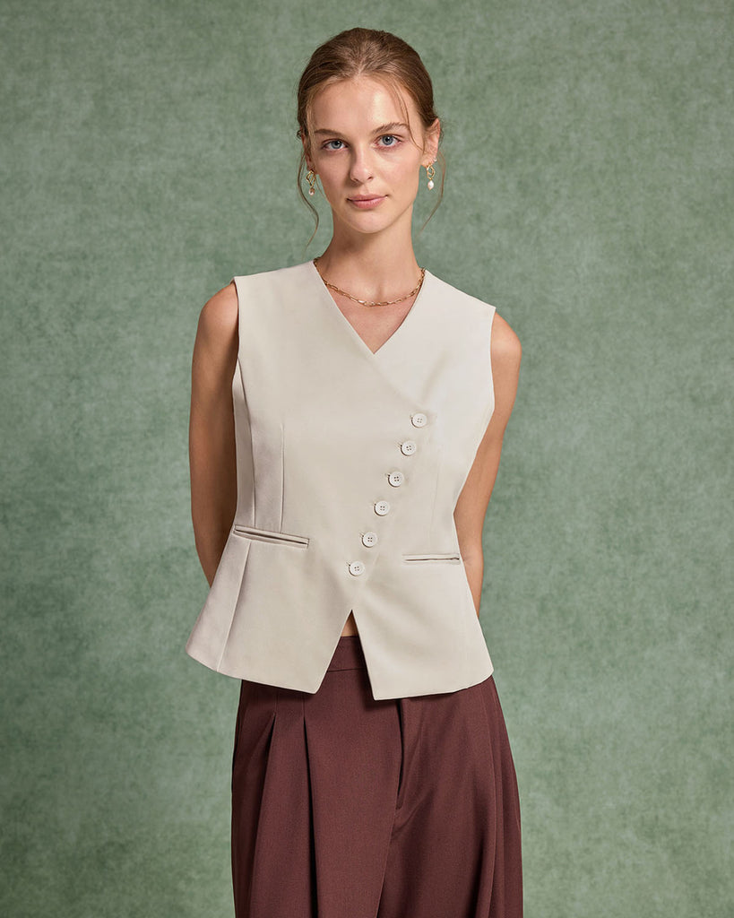 Beige Single Breasted Vest