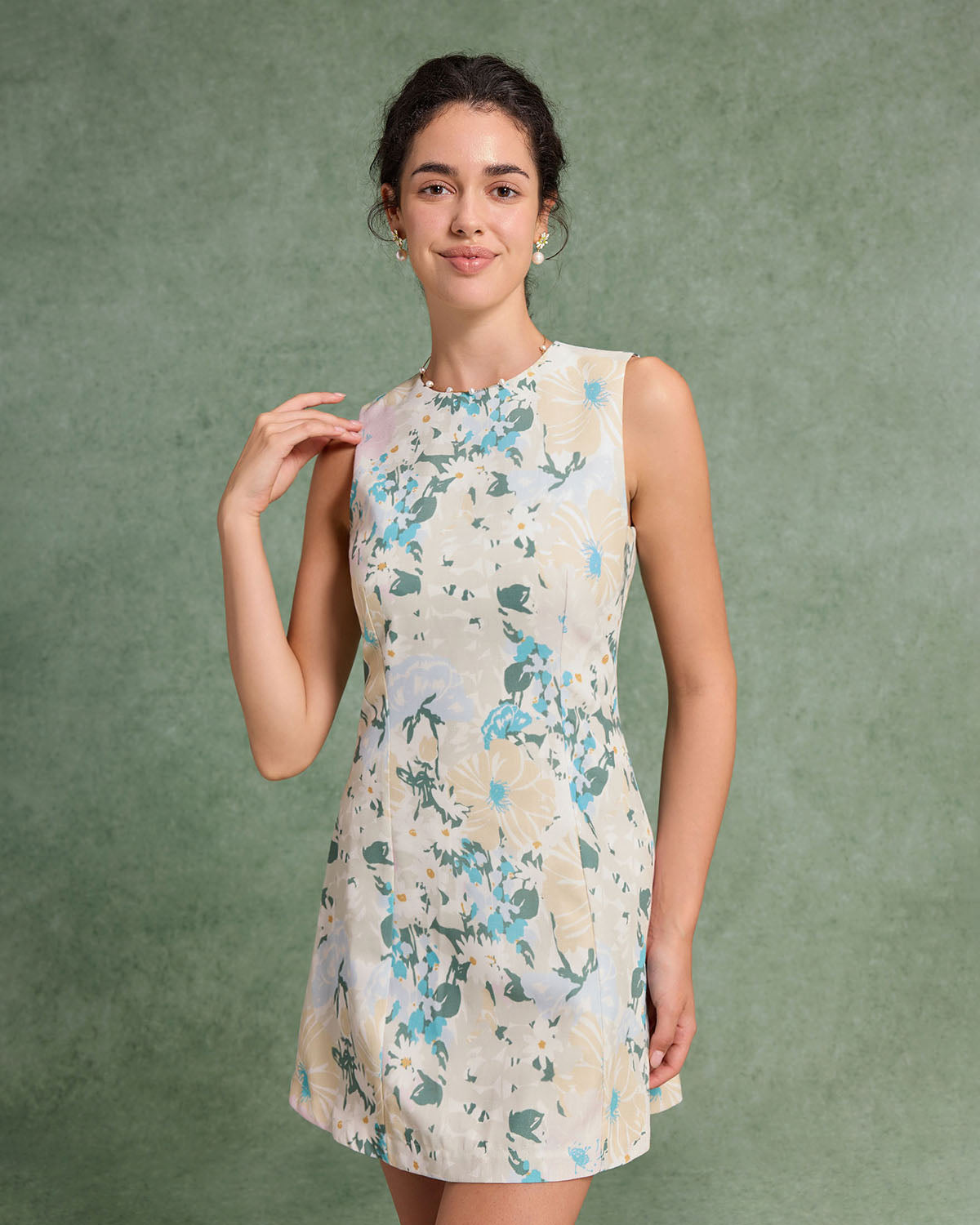 Green Floral Plant Sleeveless Mini Dress