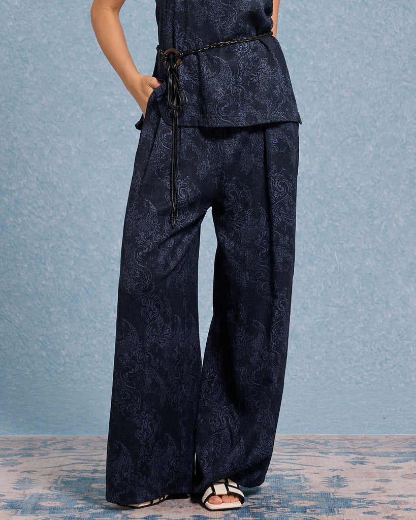 Blue Textured Wide Leg Pants