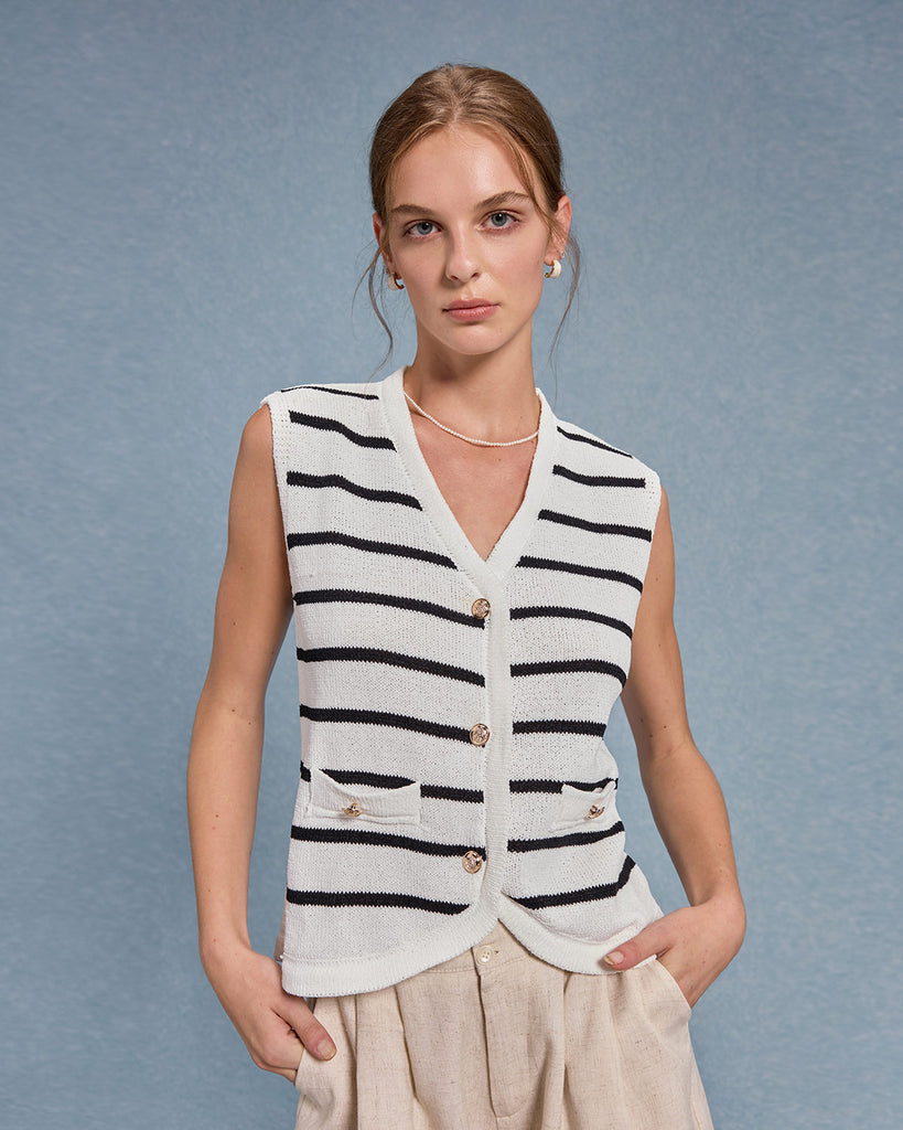 White Striped Single Breasted Vest