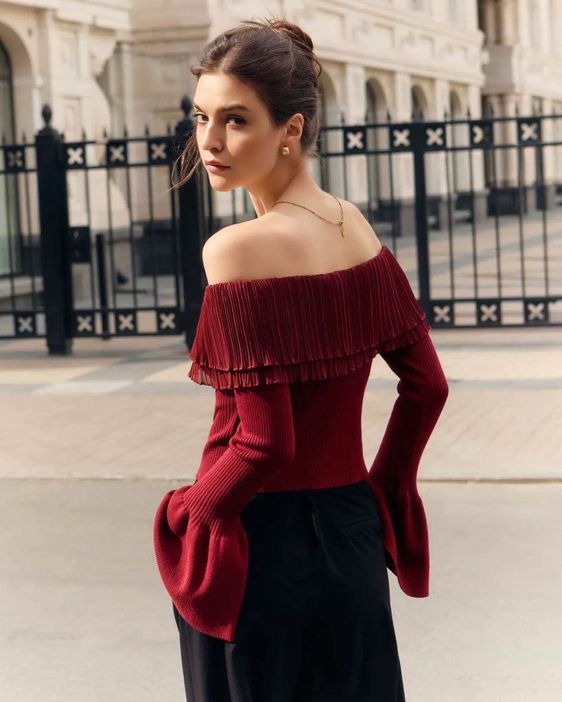 Red Off The Shoulder Bell Sleeve Sweater