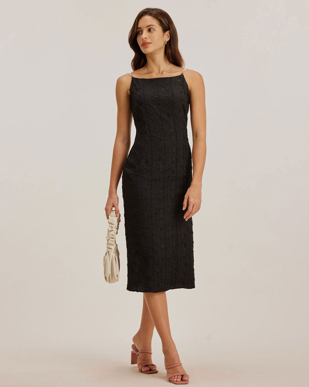 Black Textured Bodycon Beaded Strap Midi Dress