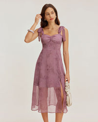 Purple Floral Tie Strap Midi Dress