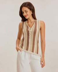Khaki Striped V Neck Tank Top