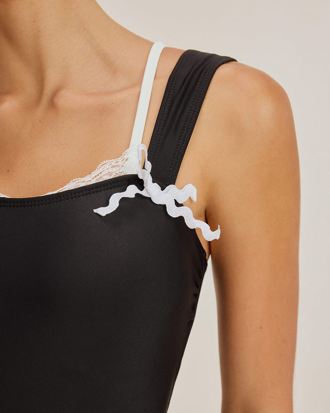 Black Contrast Lace One-Piece Swimsuit