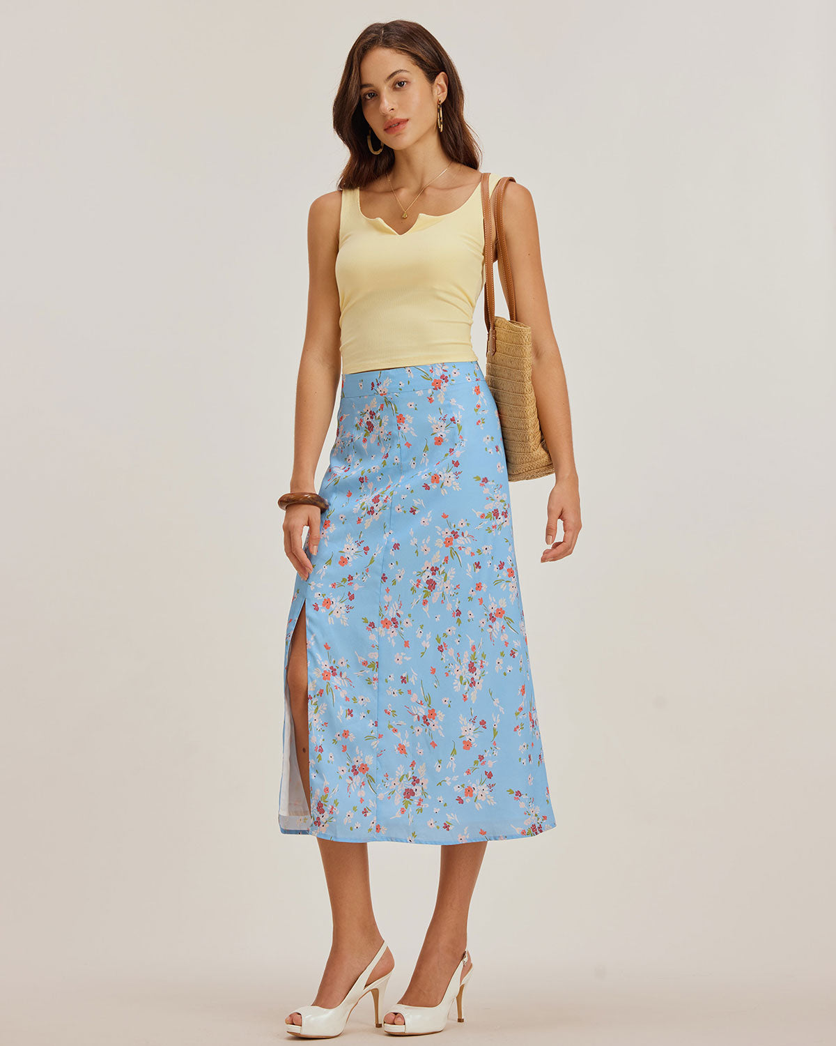 Blue Floral Slit A-Line Midi Skirt