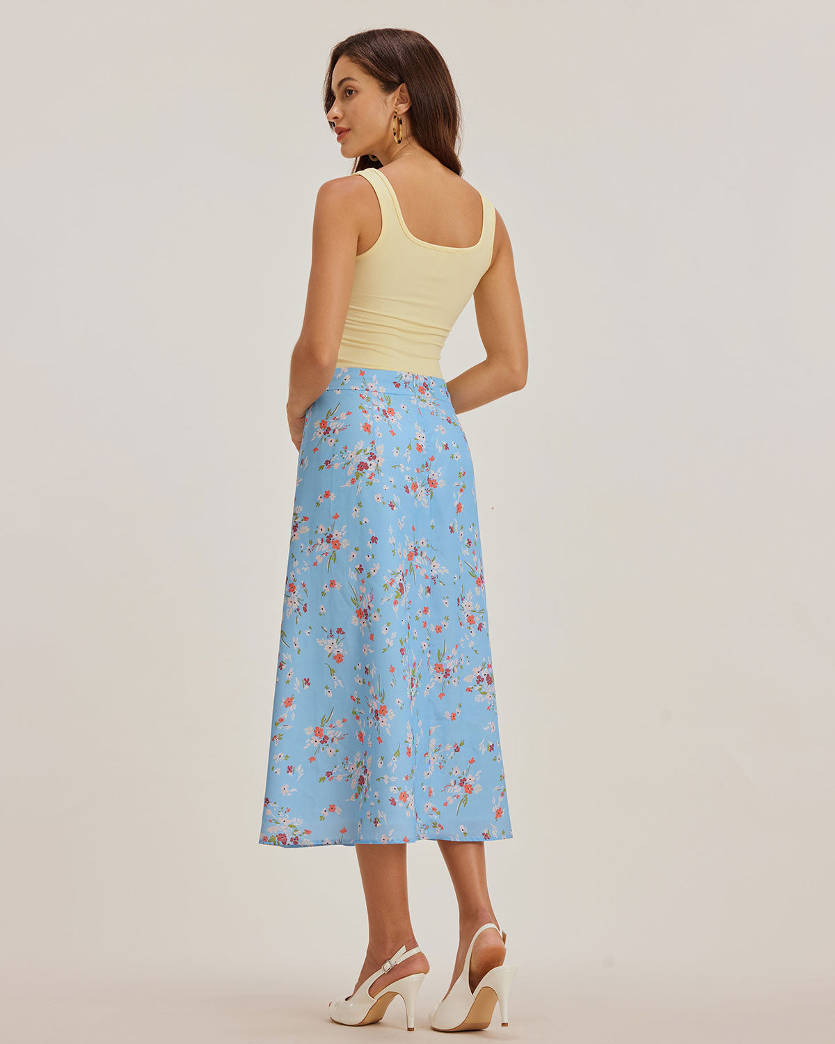 Blue Floral Slit A-Line Midi Skirt