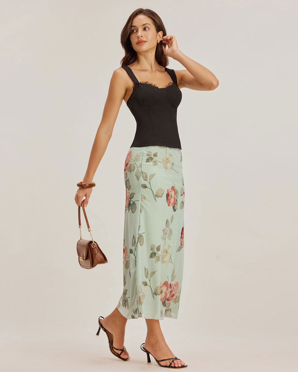 Green Floral Elastic Waist Straight Midi Skirt