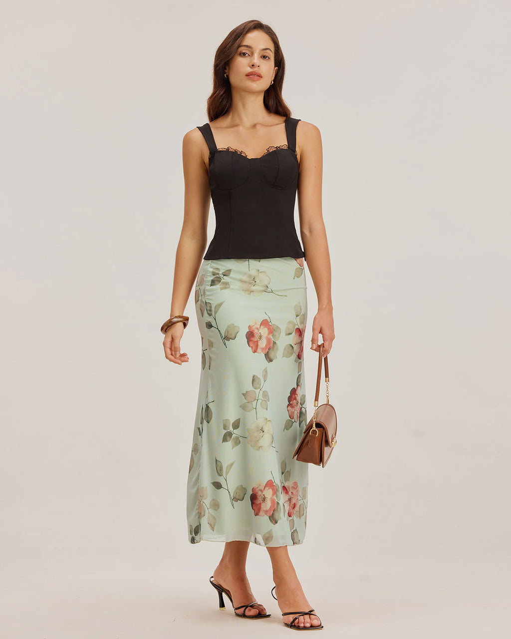 Green Floral Elastic Waist Straight Midi Skirt