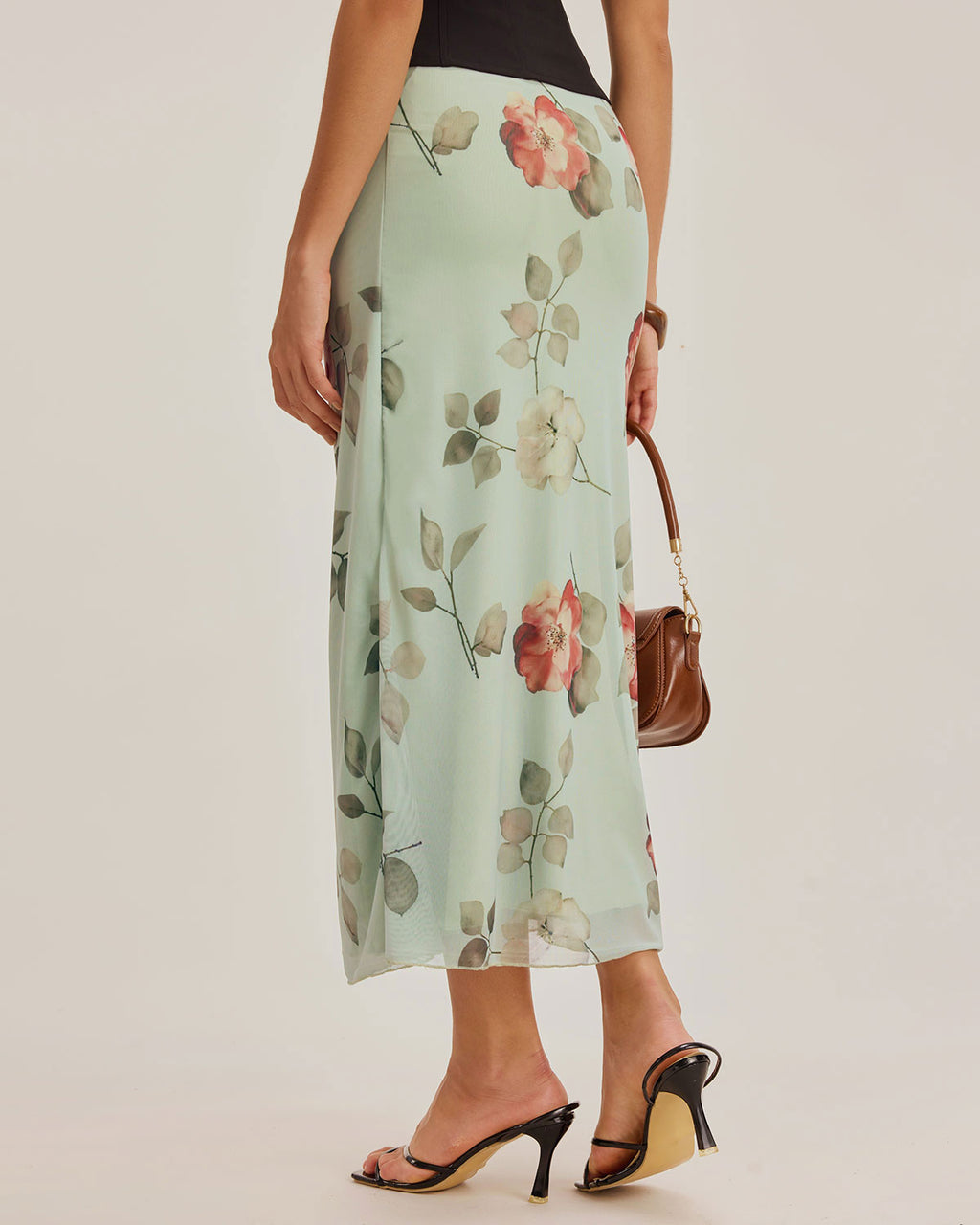 Green Floral Elastic Waist Straight Midi Skirt