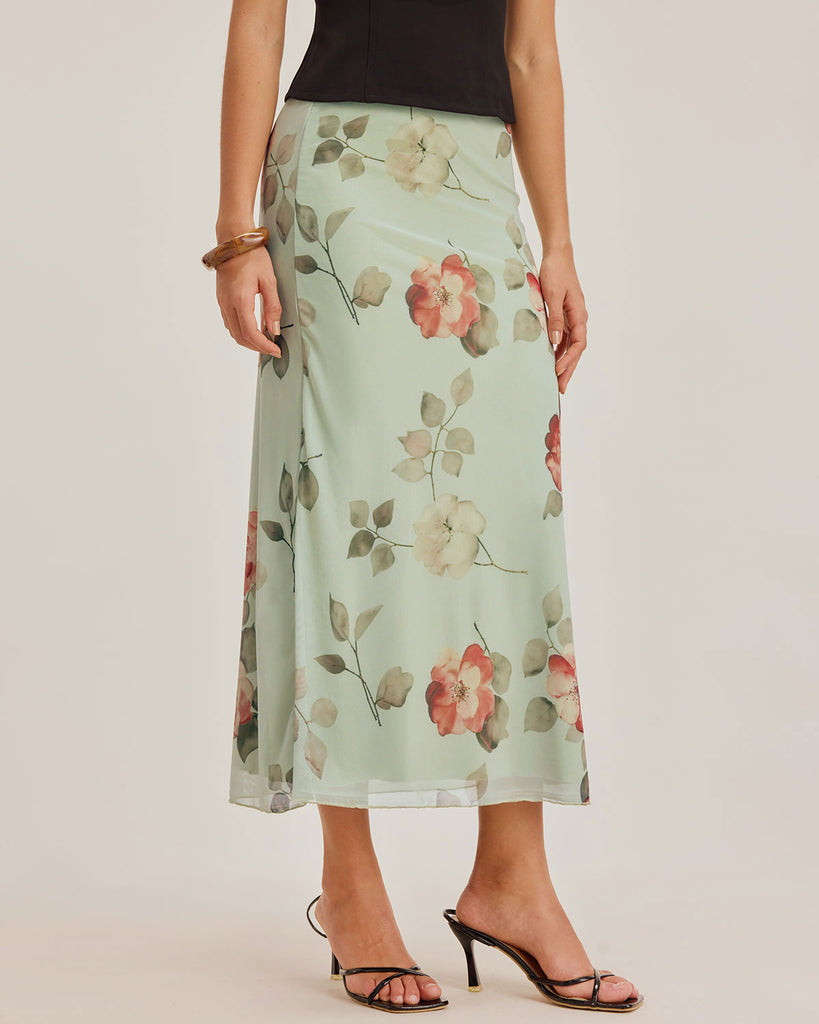 Green Floral Elastic Waist Straight Midi Skirt