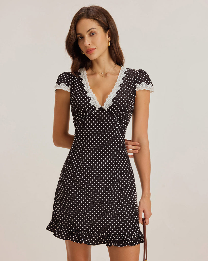 Black Polka Dot V-Neck Mini Dress