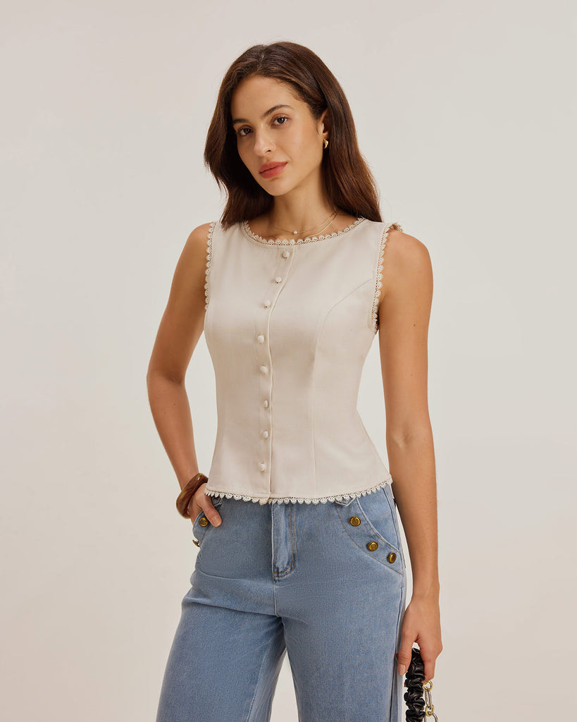 Apricot Boat Neck Button Vest