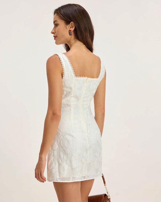 White Textured Square Neck Slip Mini Dress