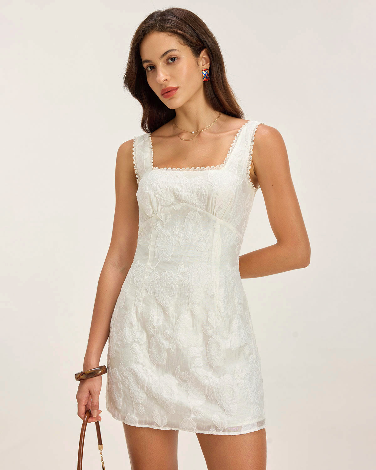 White Textured Square Neck Slip Mini Dress