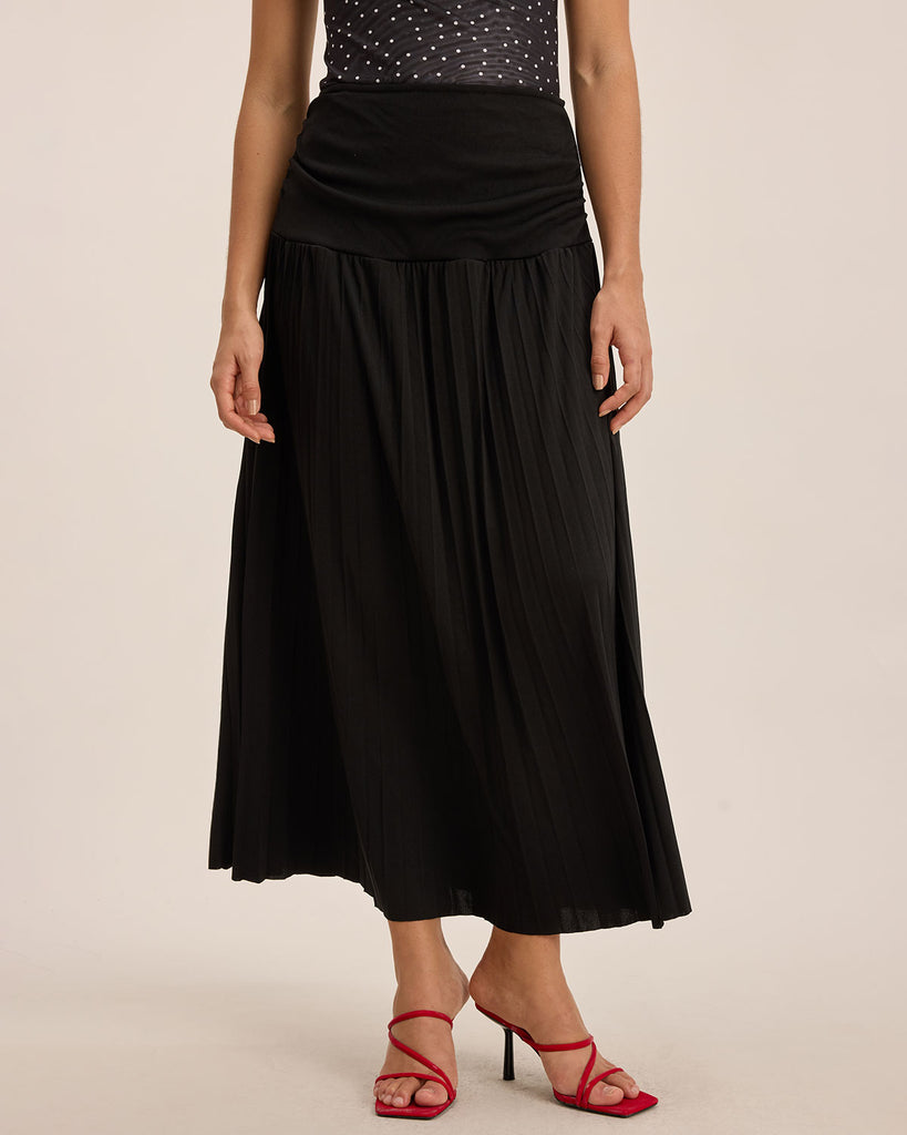 Black Elastic Waist Pleated Midi Skirt