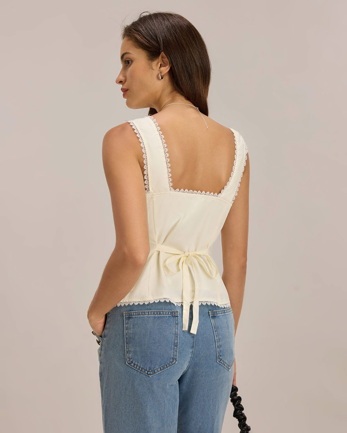 Beige Vest V Neck Lace Tie-Back Vest