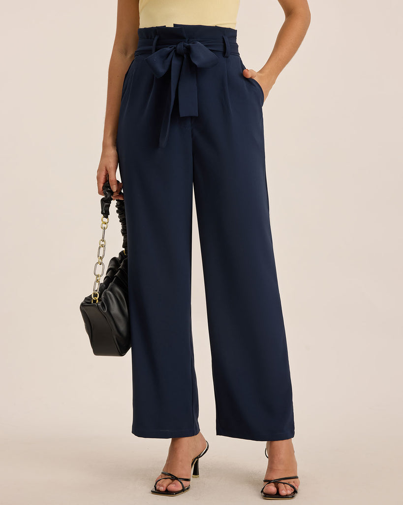 Blue Ruched Straight Pants