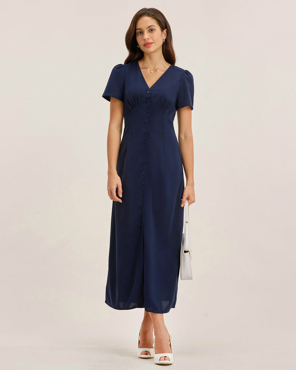 Blue V Neck Button Pleated Midi Dress
