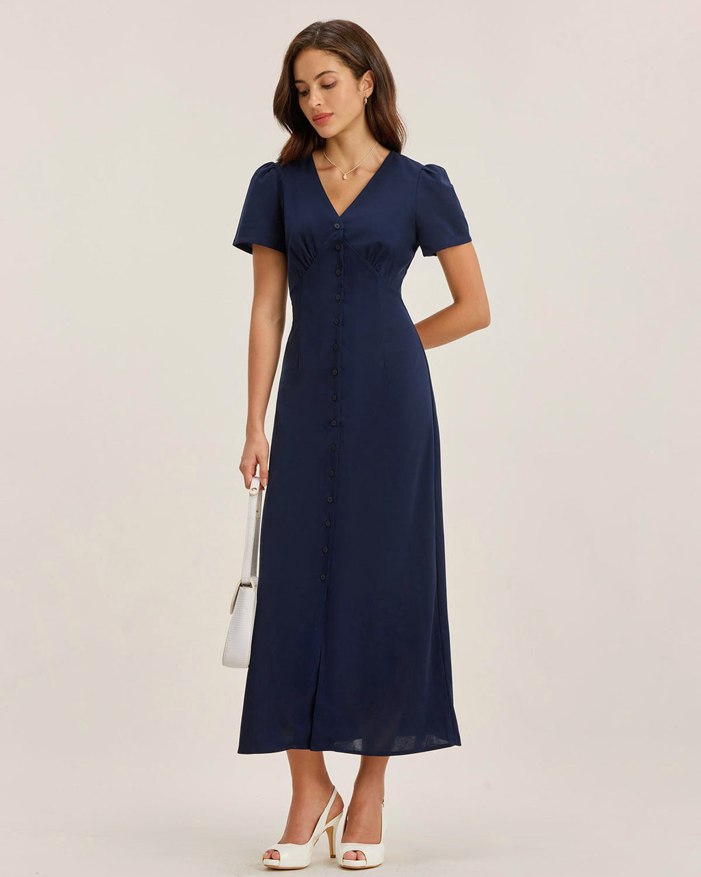 Blue V Neck Button Pleated Midi Dress