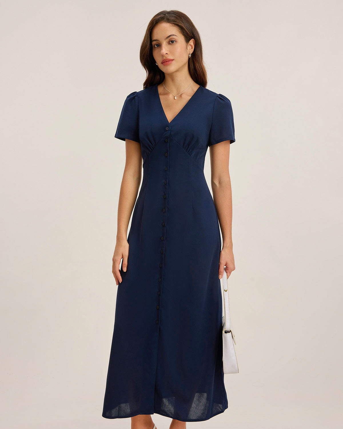 Blue V Neck Button Pleated Midi Dress