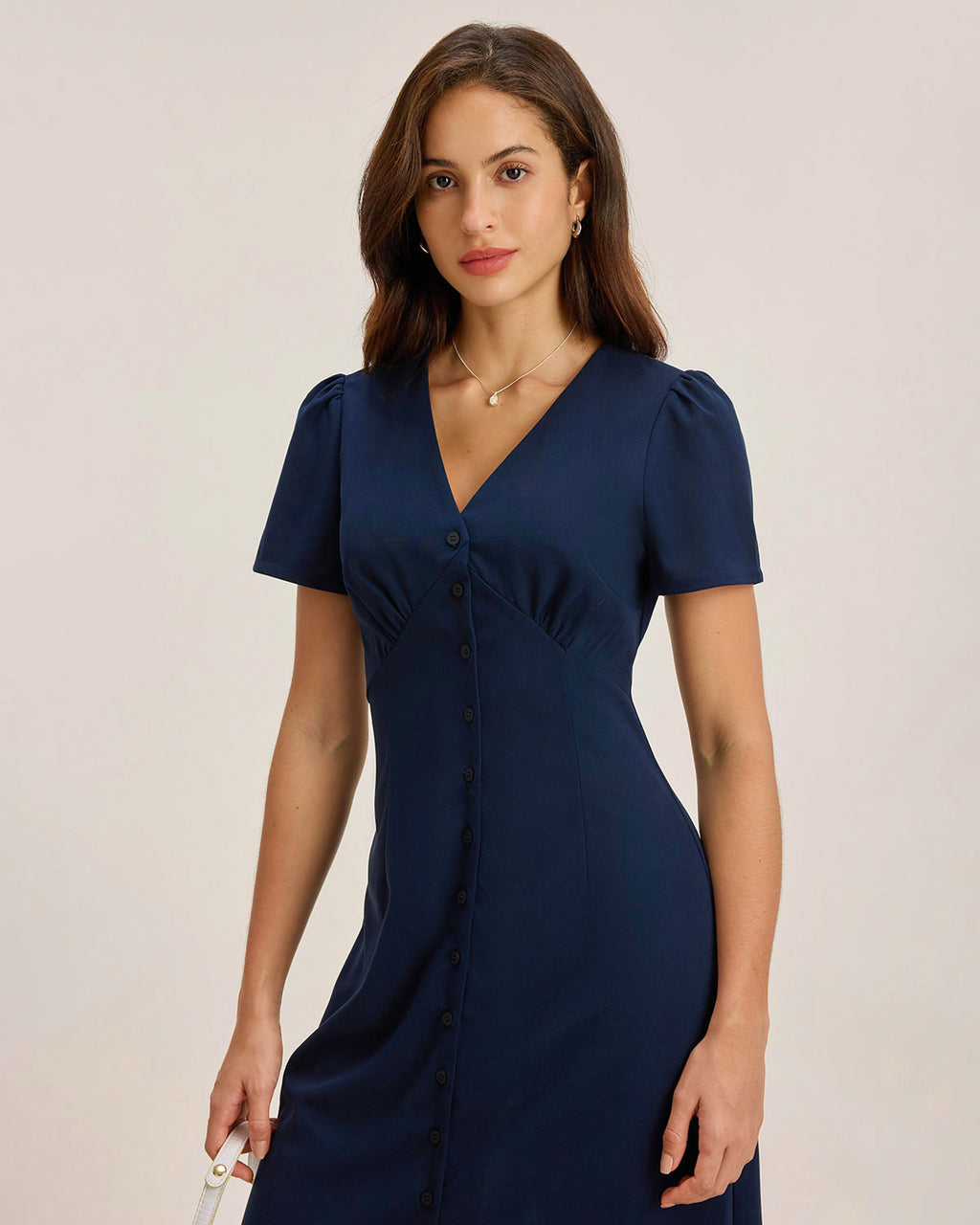 Blue V Neck Button Pleated Midi Dress