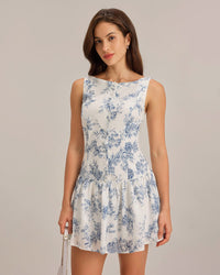 Blue Floral Boat Neck Sleeveless Mini Dress