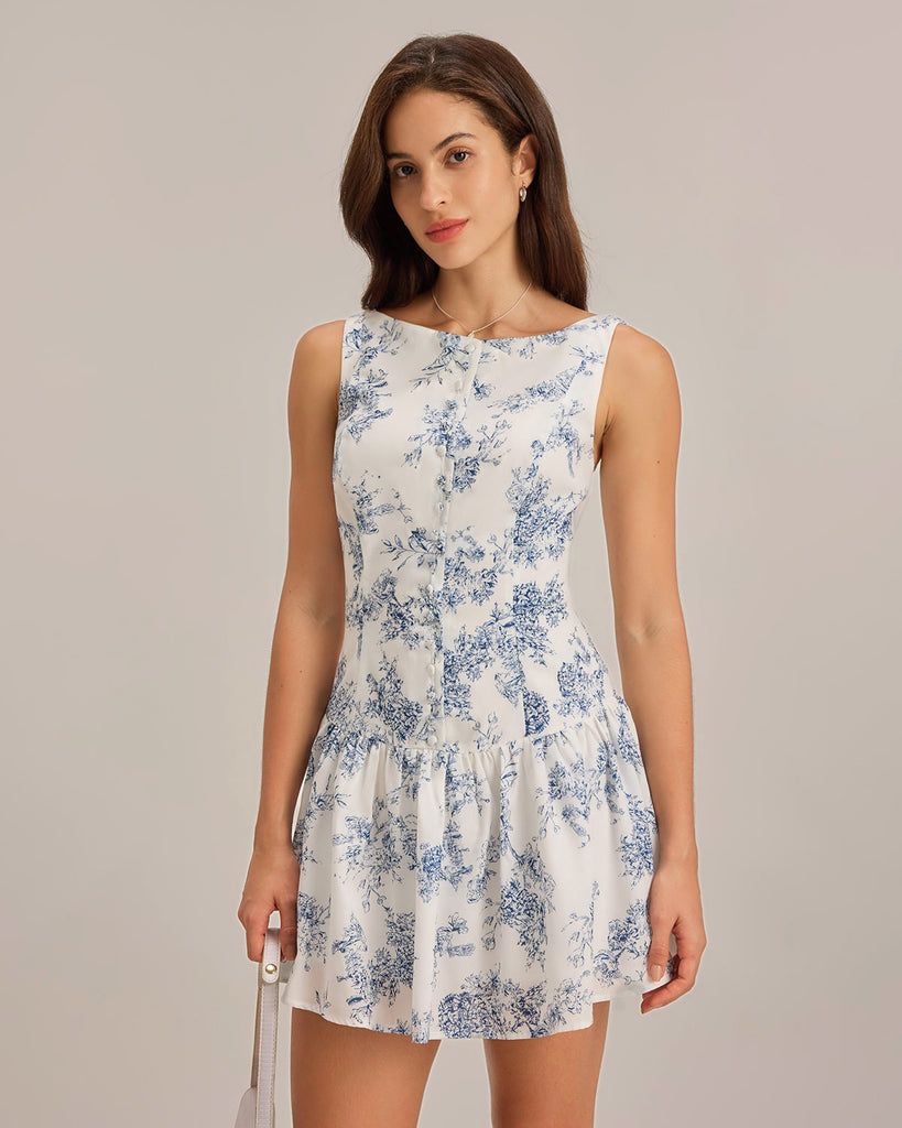 Blue Floral Boat Neck Sleeveless Mini Dress