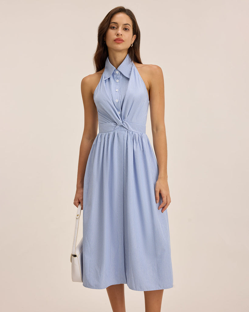 Blue Striped Twist Backless Midi Dress
