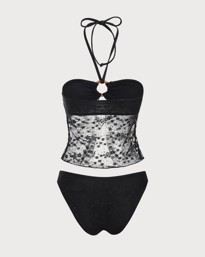 Black Lace Halter Tankini Swimsuit