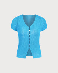 Blue V Neck Knit Cardigan