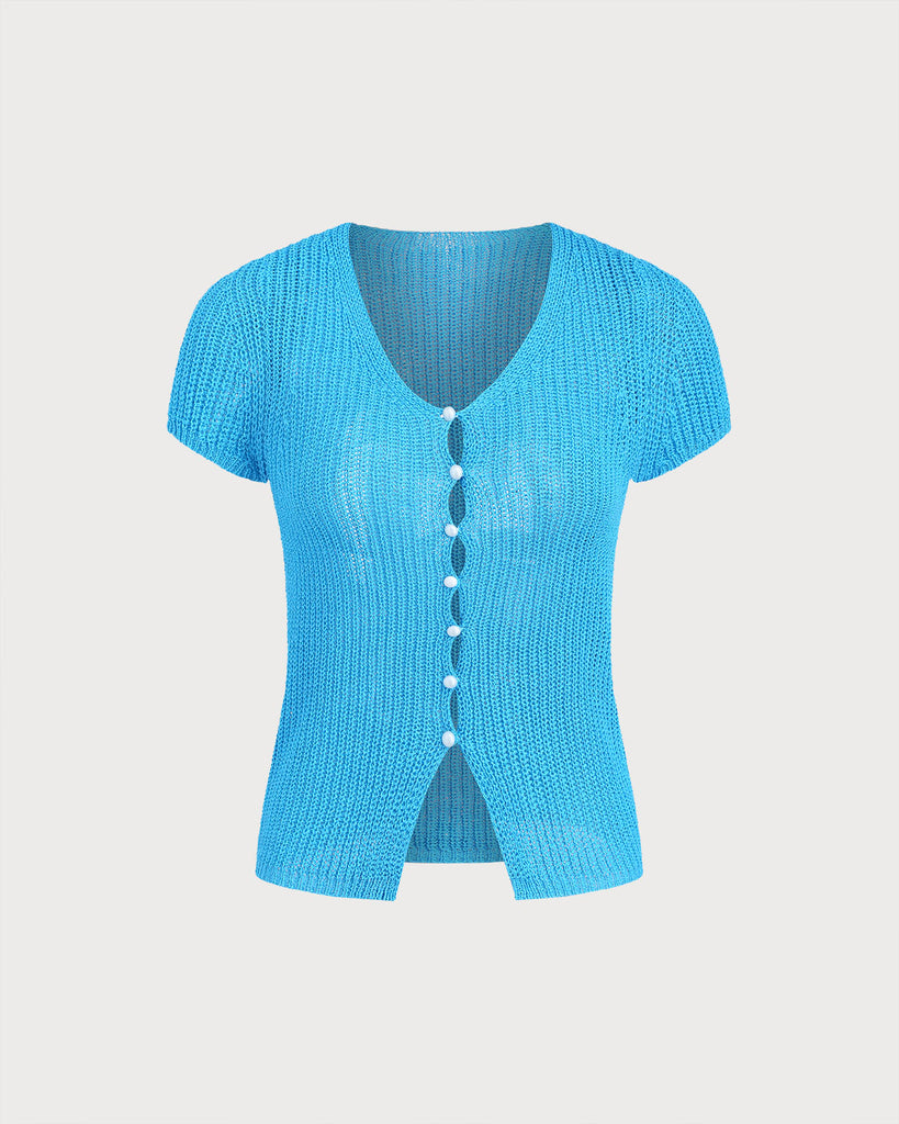Blue V Neck Knit Cardigan