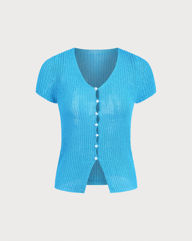 Blue V Neck Knit Cardigan