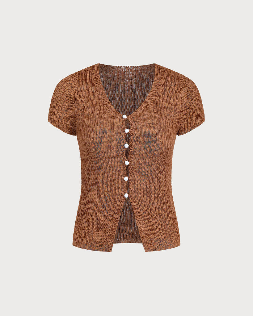 Brown V Neck Knit Cardigan