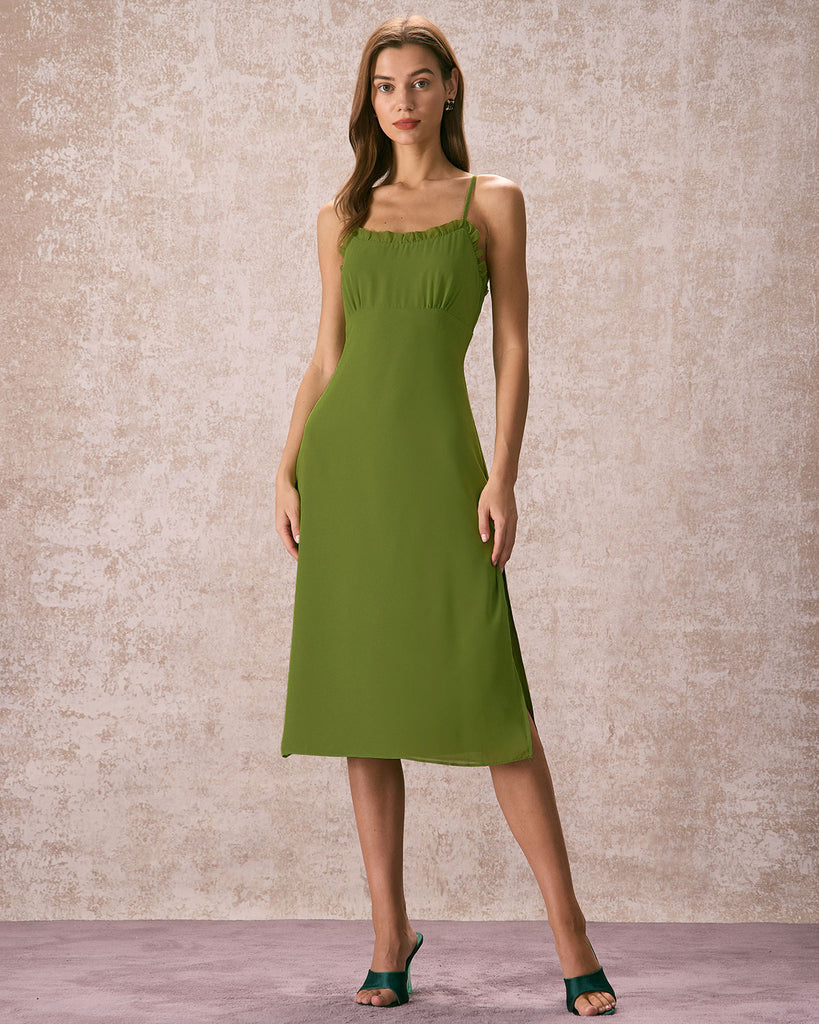 The Green Frill Trim Side Split Midi Dress Dresses - RIHOAS