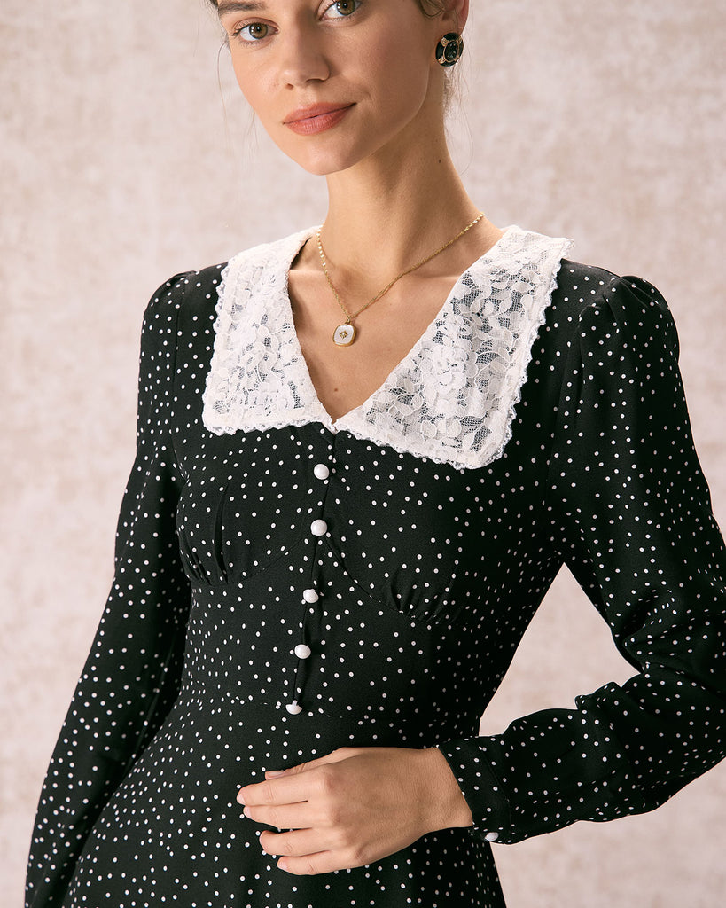 The Lace Collar Polka Dot Dress Dresses - RIHOAS