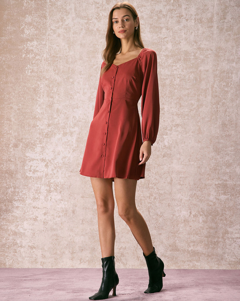 The V-Neck A-Line Dress Brick Red Dresses - RIHOAS