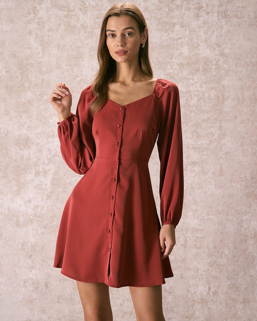 The V-Neck A-Line Dress Brick Red Dresses - RIHOAS