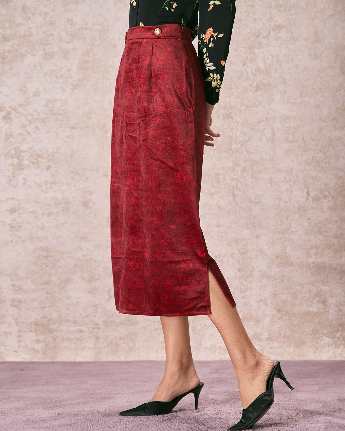 The Wine Red Split Hem Velvet Midi Skirt Wine Red Bottoms - RIHOAS