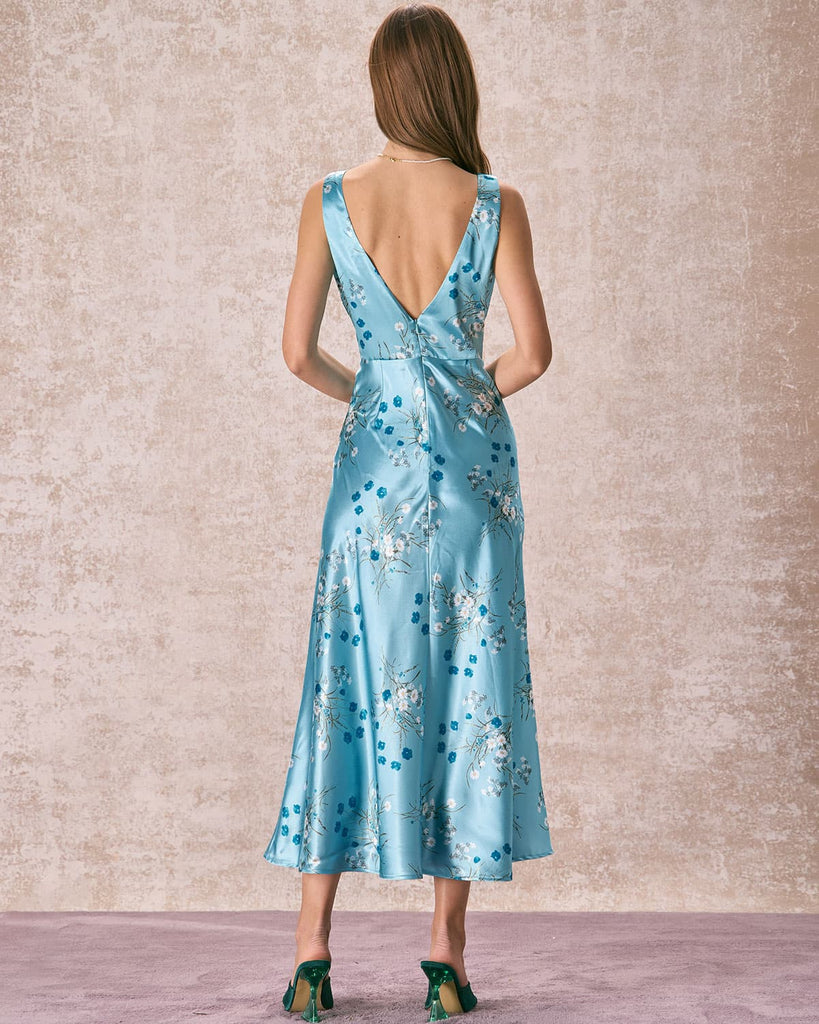 The Blue V Neck Floral Satin Maxi Dress Blue Dresses - RIHOAS
