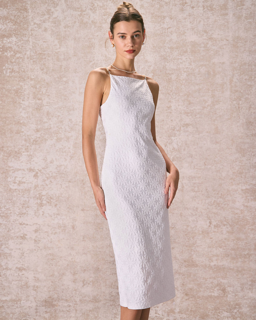 The White Floral Textured Pearl Slip Midi Dress