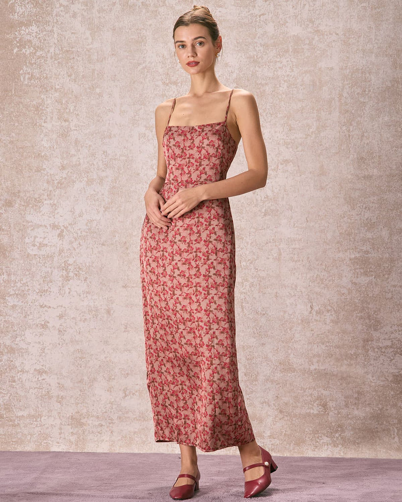 The Floral Side Split Maxi Dress Brick Red Dresses - RIHOAS