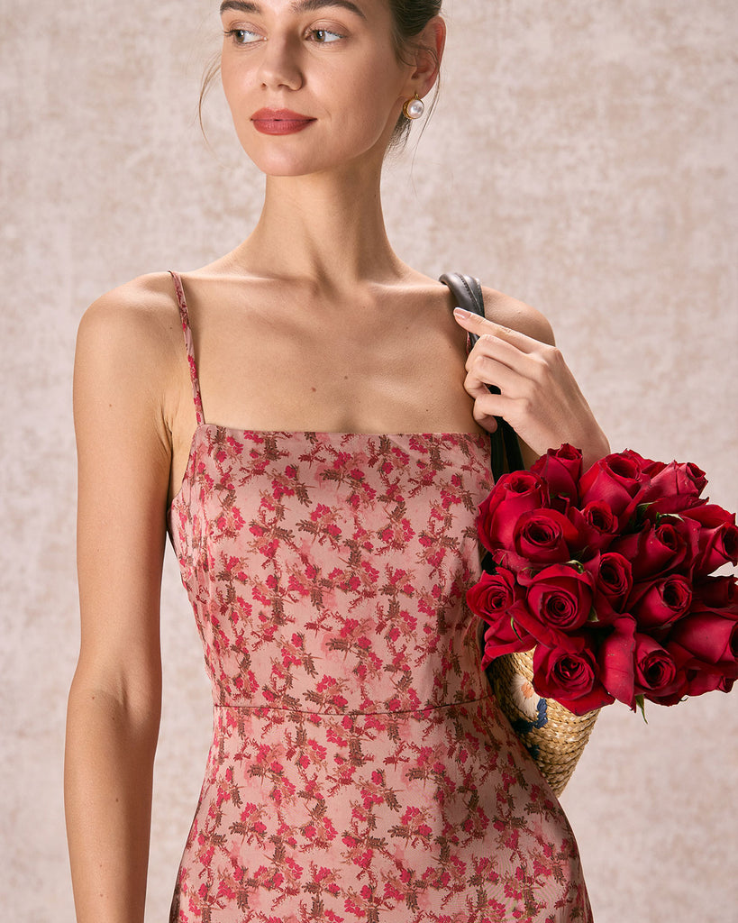 The Floral Side Split Maxi Dress Brick Red Dresses - RIHOAS