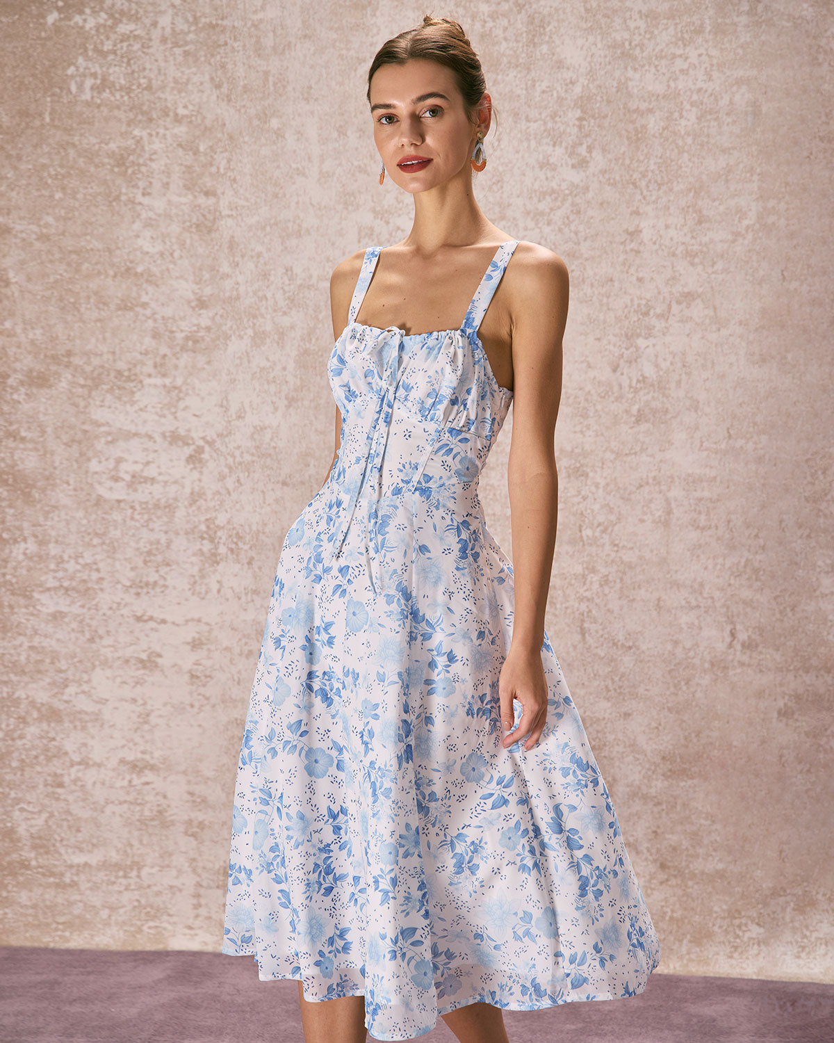 The Blue Square Neck Floral Ruched Midi Dress & Reviews