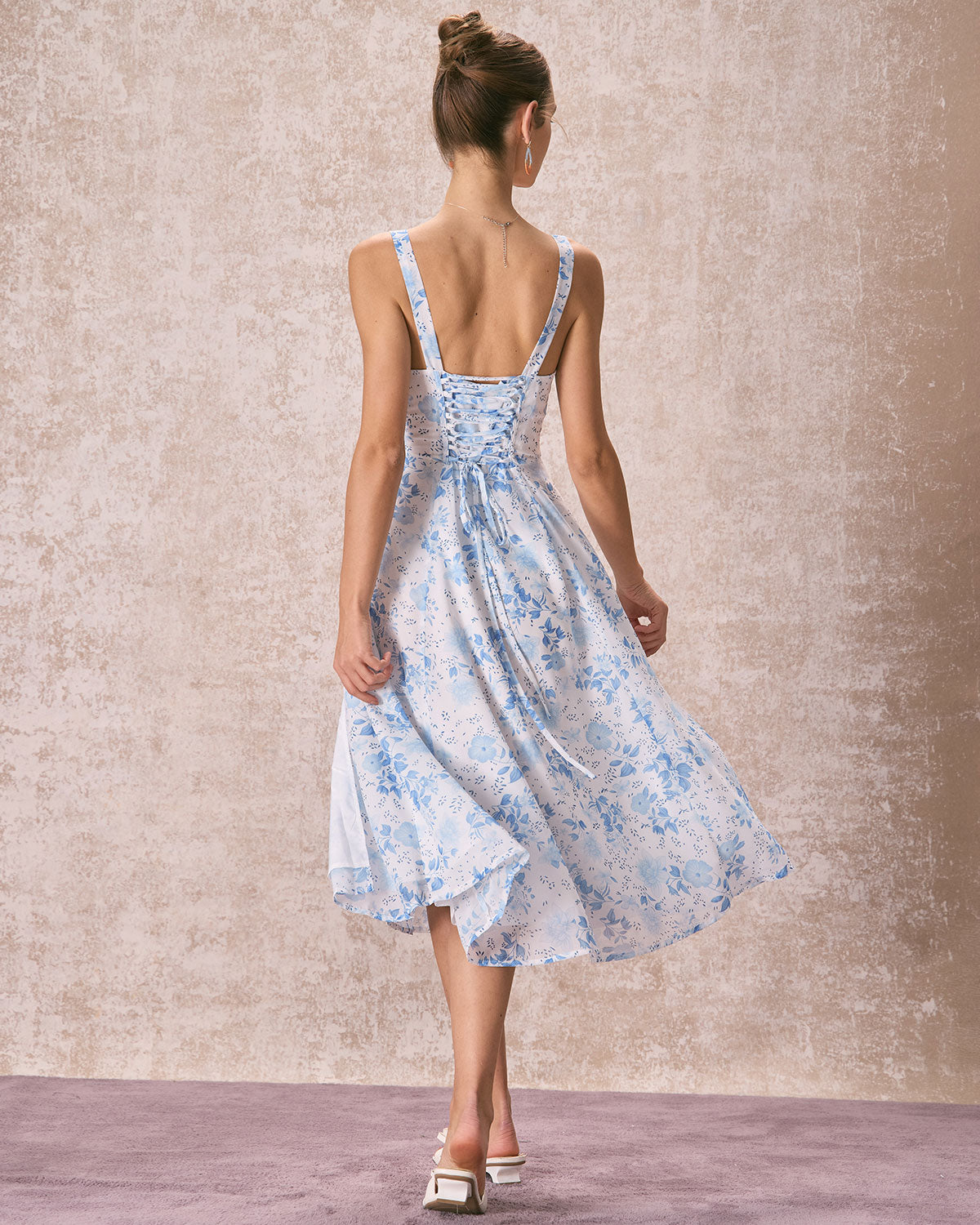 The Blue Square Neck Floral Ruched Midi Dress & Reviews