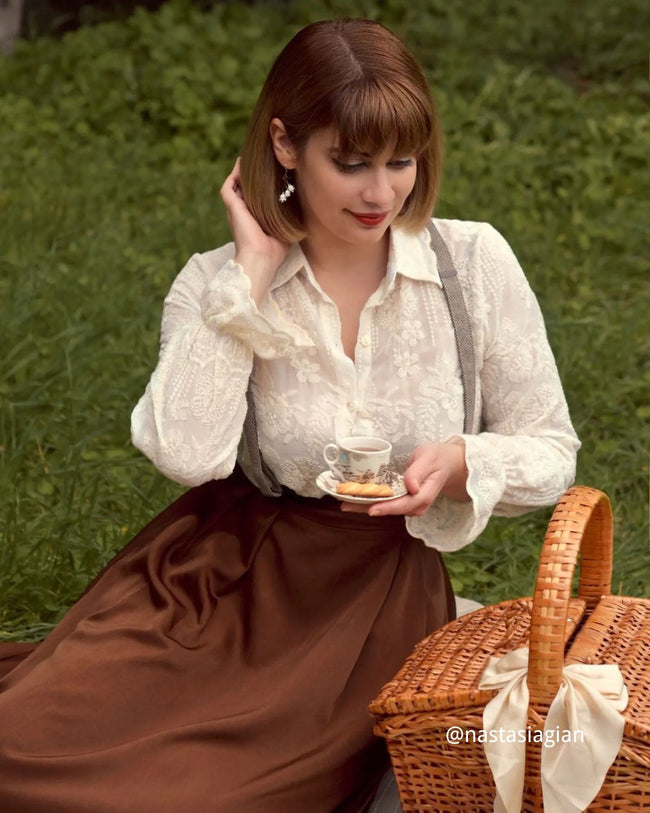 The Beige Lapel Embroidery Long Sleeve Blouse & Reviews