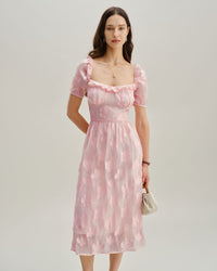 Pink Square Neck Puffed Sleeve Midi Dress