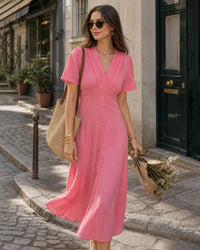 Pink V Neck Ruched Button Midi Dress